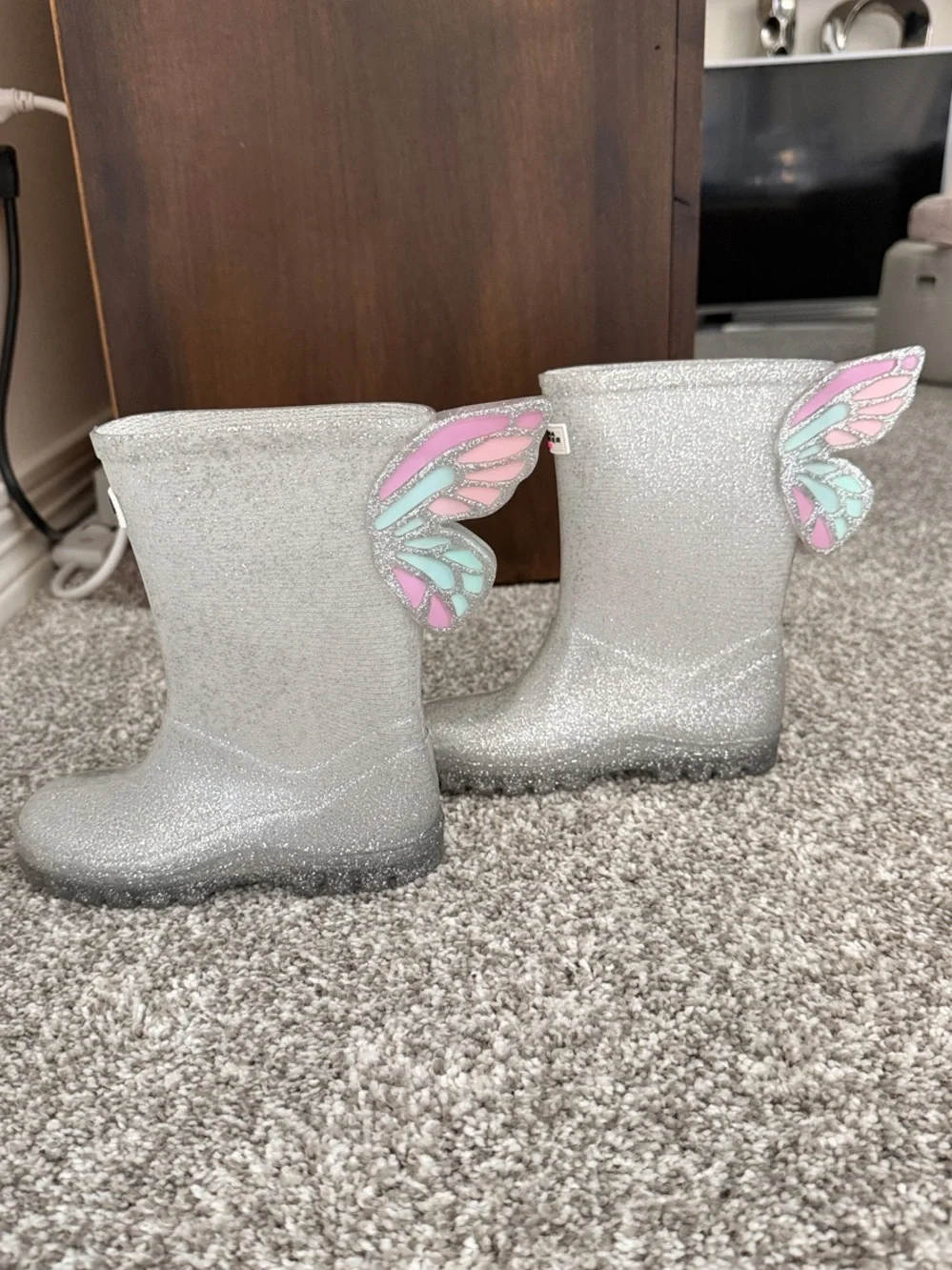 Sophia Webster Silver Glitter Kids Rain Boots with Pink & Mint Wing Accents